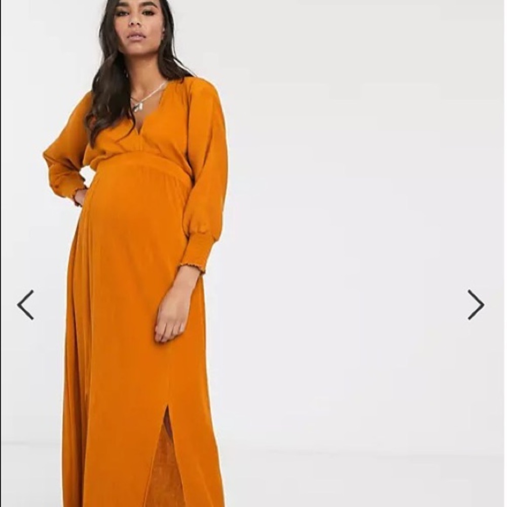 ASOS DESIGN Maternity long sleeve shirred waist maxi dress in rib in orange